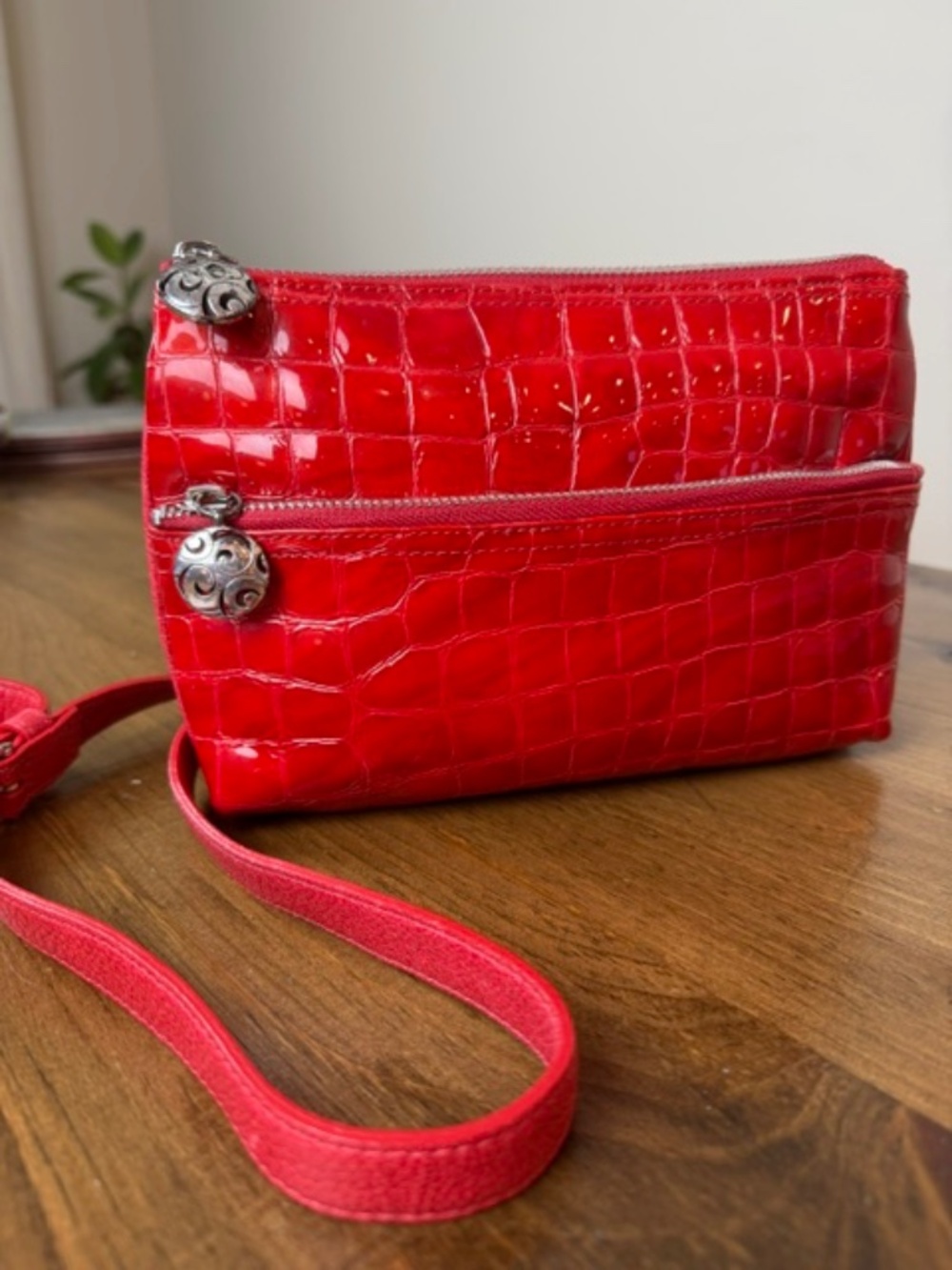 Brighton Bria Messenger Bag Lipstick Red Patent Croc Embossed Leather